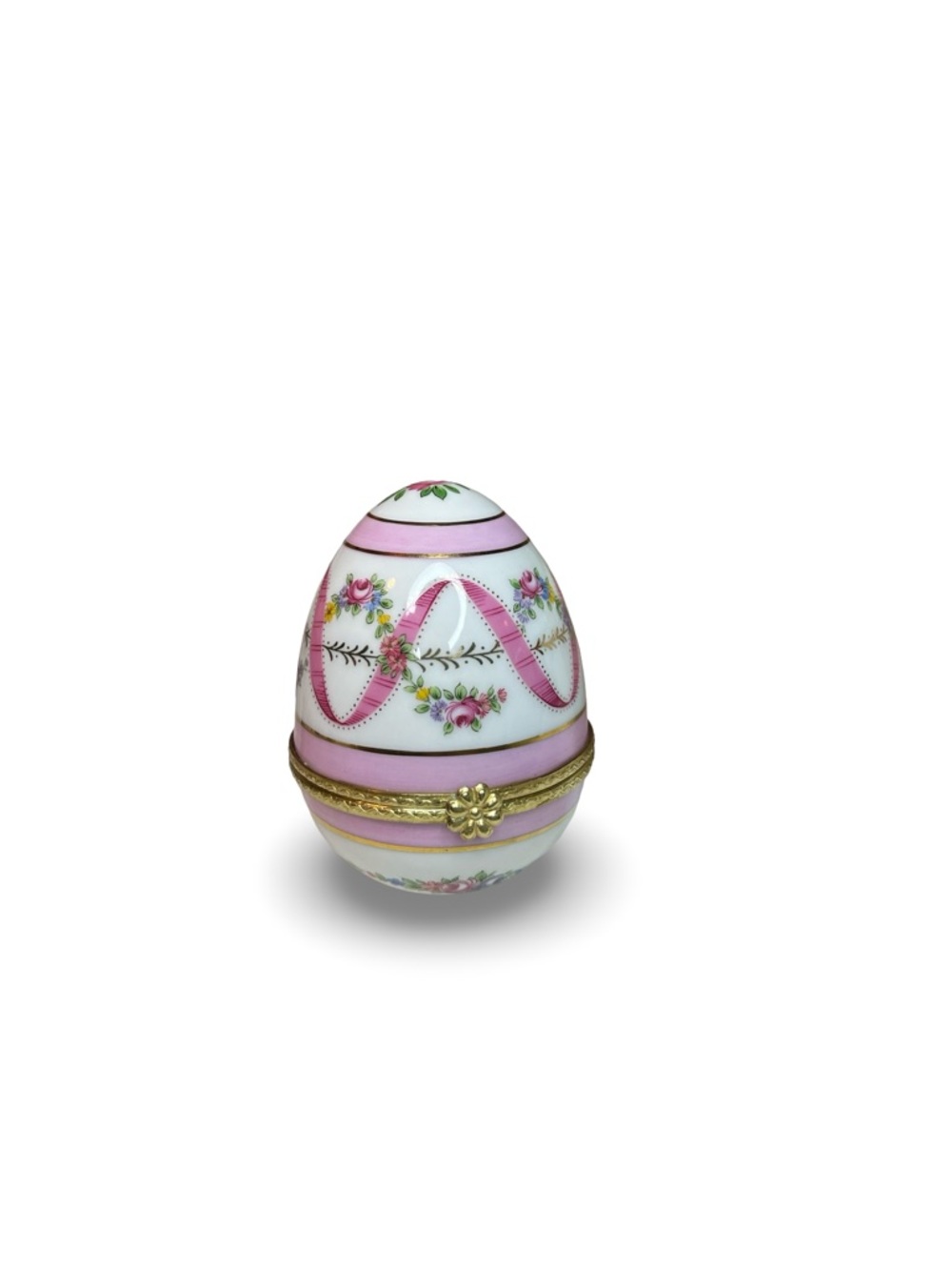 Trinket Box EUC, Porcelain Egg Shape, Pink Floral/ golden painted accents , 3”